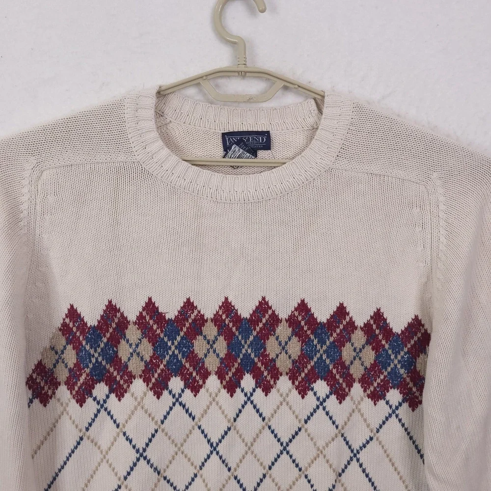 Lands End Argyle Sweater Mens M White Vintage 90s Made in USA Cotton Pullover
